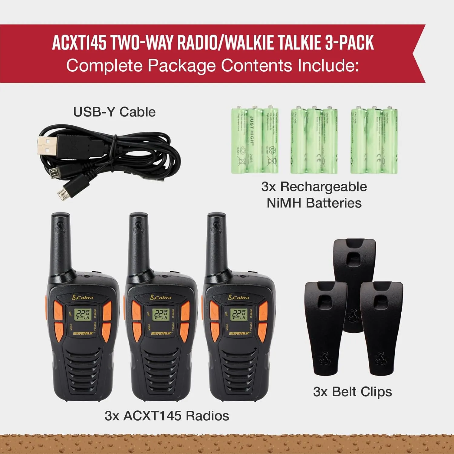 Cobra ACXT145-3 Compact Walkie Talkies - Rechargeable, Lightweight, 22 Channels, Long Range 16-Mile Two-Way Radio Set (3-Pack), Black