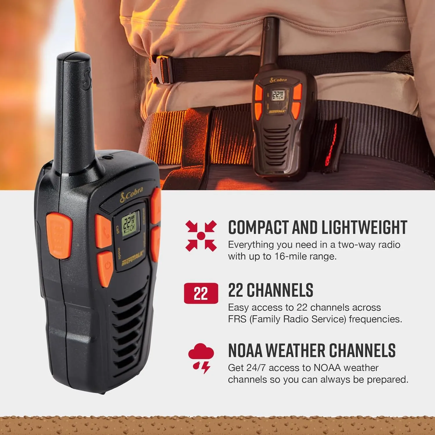 Cobra ACXT145-3 Compact Walkie Talkies - Rechargeable, Lightweight, 22 Channels, Long Range 16-Mile Two-Way Radio Set (3-Pack), Black
