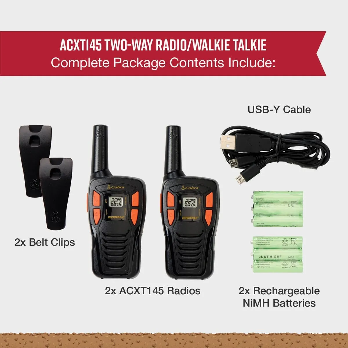 Cobra ACXT145 Compact Walkie Talkies - Rechargeable, Lightweight, 22 Channels, Long Range 16-Mile Two-Way Radio Set (2-Pack), black