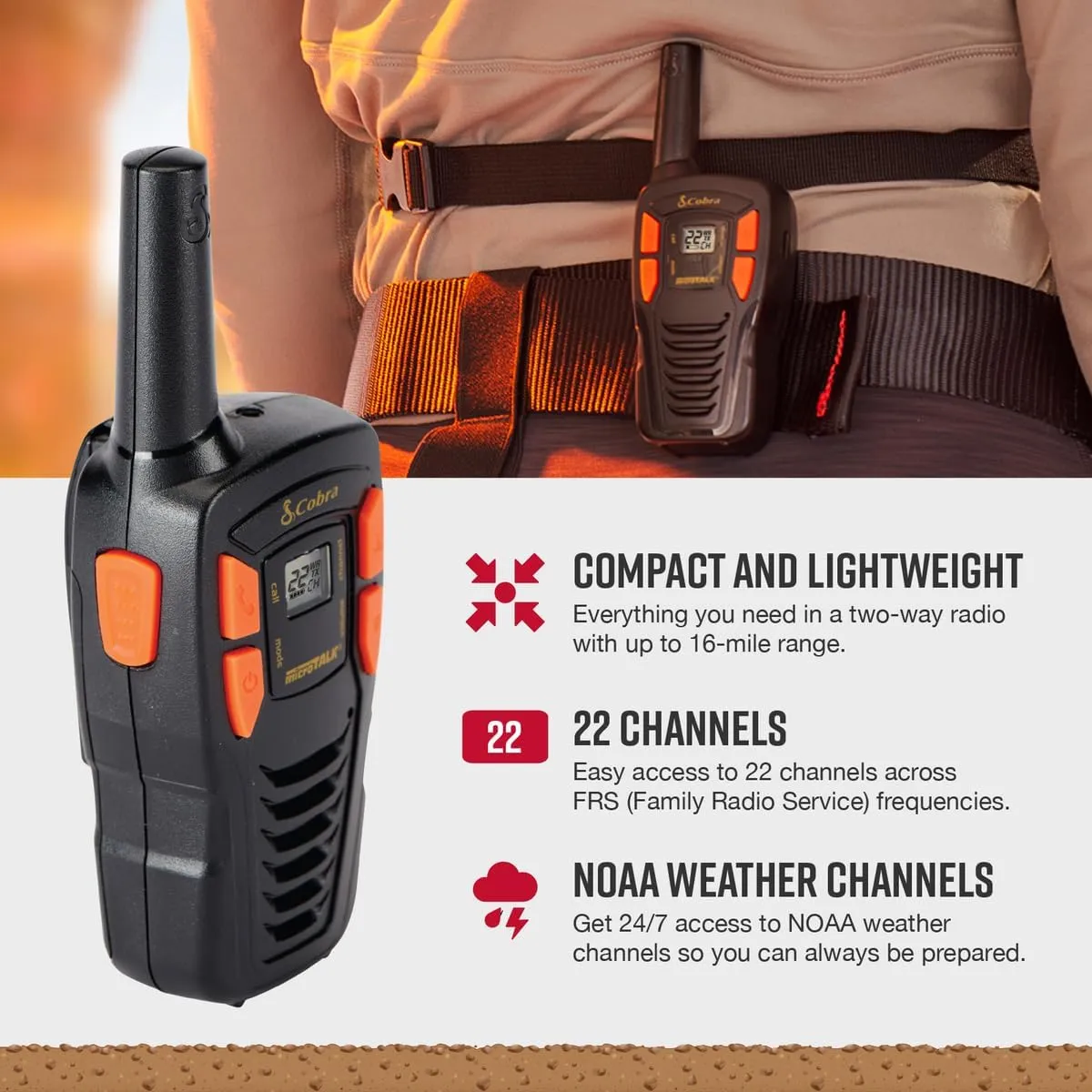 Cobra ACXT145 Compact Walkie Talkies - Rechargeable, Lightweight, 22 Channels, Long Range 16-Mile Two-Way Radio Set (2-Pack), black