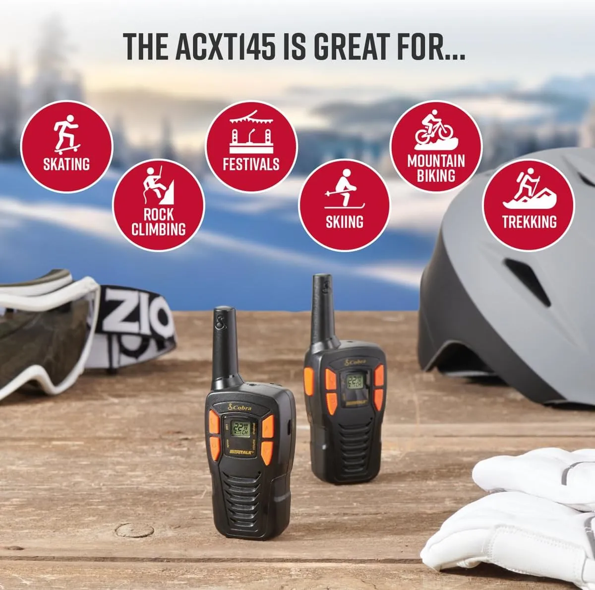 Cobra ACXT145 Compact Walkie Talkies - Rechargeable, Lightweight, 22 Channels, Long Range 16-Mile Two-Way Radio Set (2-Pack), black
