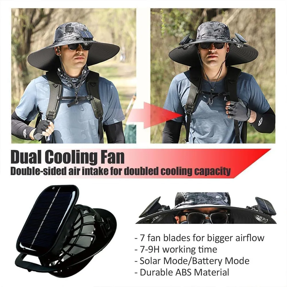 Colitt Fishing Hat, Wide Brim Solar Fan Outdoor Fishing, Solar & USB Charging with Fan for Men UPF 50 