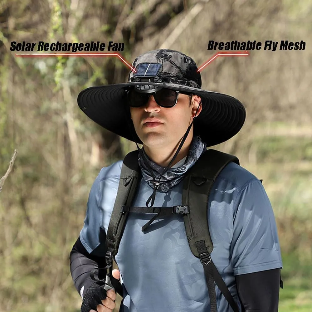 Colitt Fishing Hat, Wide Brim Solar Fan Outdoor Fishing, Solar & USB Charging with Fan for Men UPF 50 