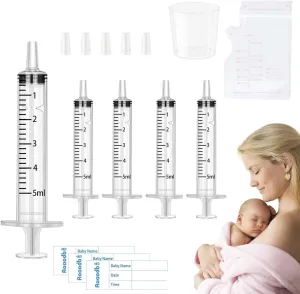 ﻿Colostrum Collector Kit Include 100pcs 1ml Sealed Breast Milk Collector No Needle Colostrum Syringes 5 Breastmilk Storage Bags and 1 piece 30 ml measuring cup with 100 Stickers (Blue)