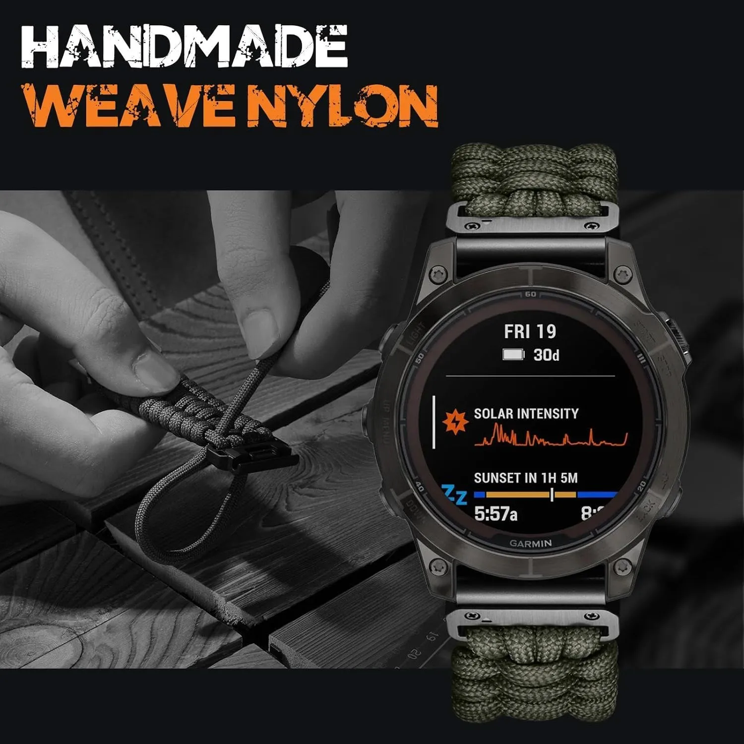 Compatible with Garmin Fenix 7X Band - R-Nylon Survival Paracord Woven Quick Fit 26mm Watch Band for Fenix 8 51mm/7X Pro/6X/6X Pro/5X/5X Plus/3/3 HR/Instinct 2X/Tactix/Enduro/Descent