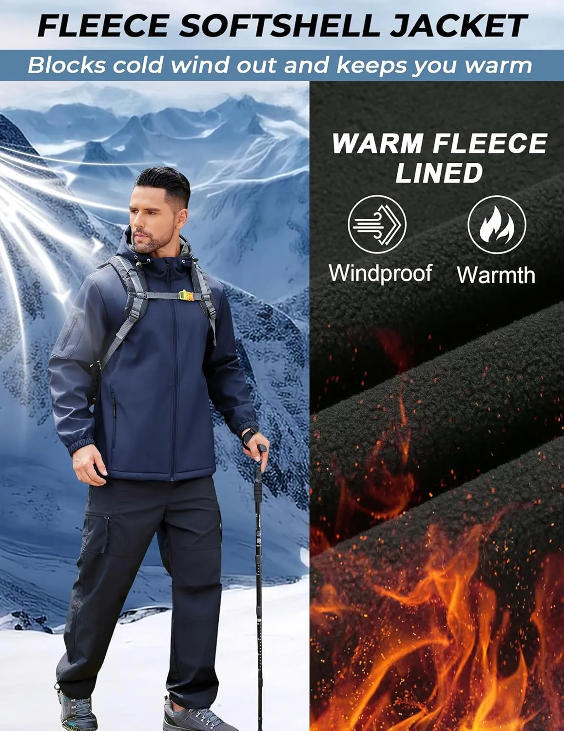 COOFANDY Men's Hooded Softshell Jacket Waterproof Fleece Lined Windbreaker Lightweight Outdoor Hiking Jacket