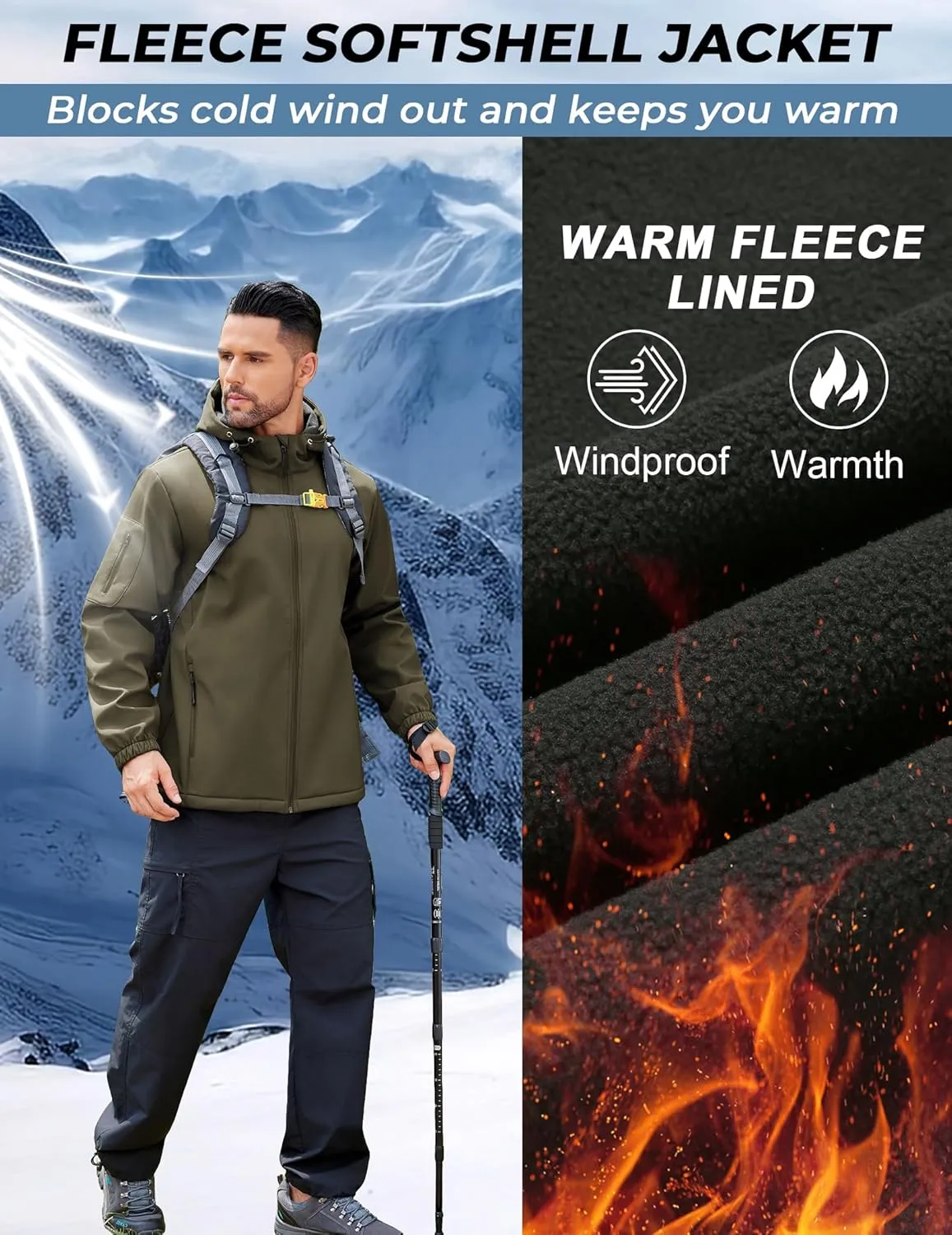 COOFANDY Men's Hooded Softshell Jacket Waterproof Fleece Lined Windbreaker Lightweight Outdoor Hiking Jacket