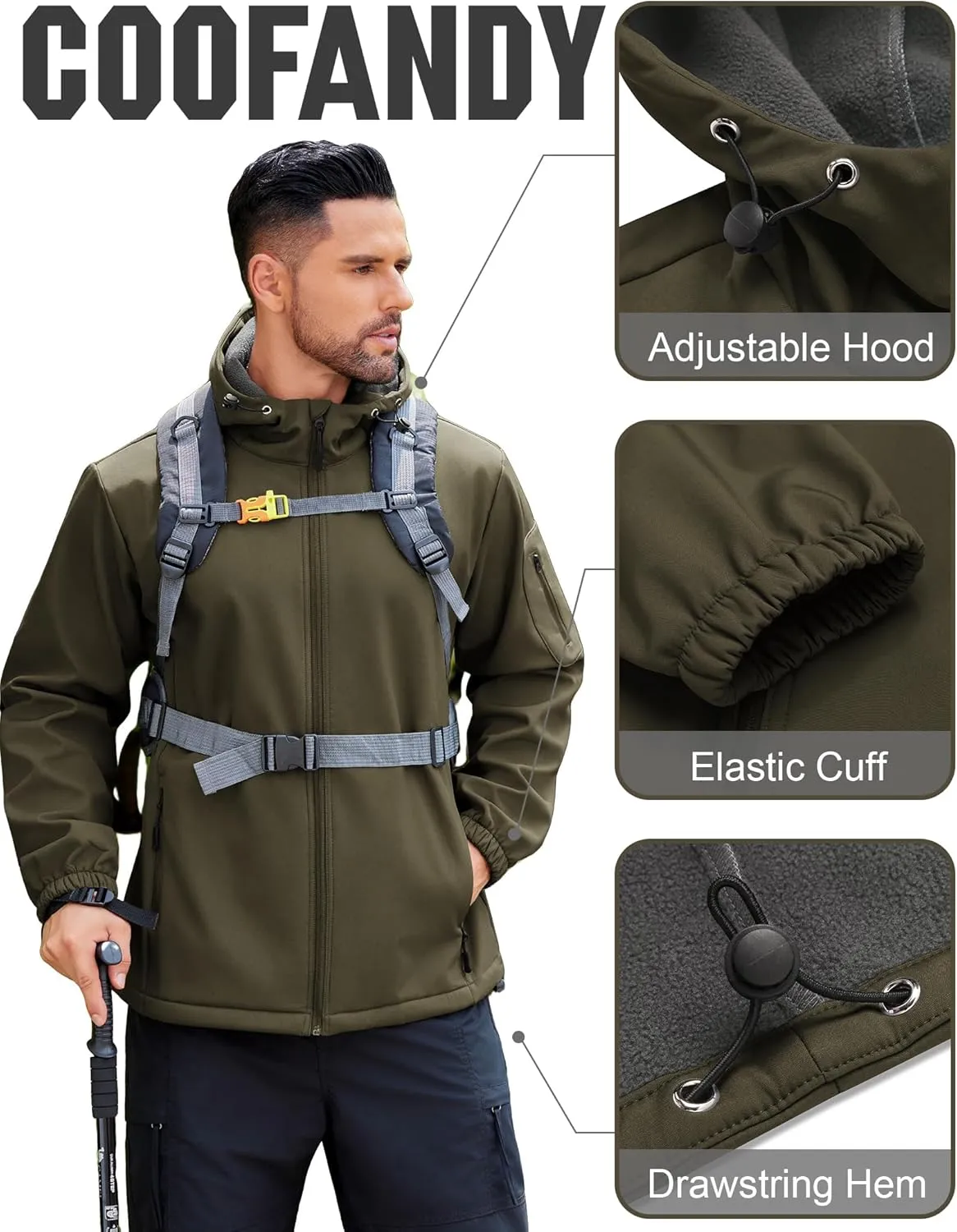 COOFANDY Men's Hooded Softshell Jacket Waterproof Fleece Lined Windbreaker Lightweight Outdoor Hiking Jacket