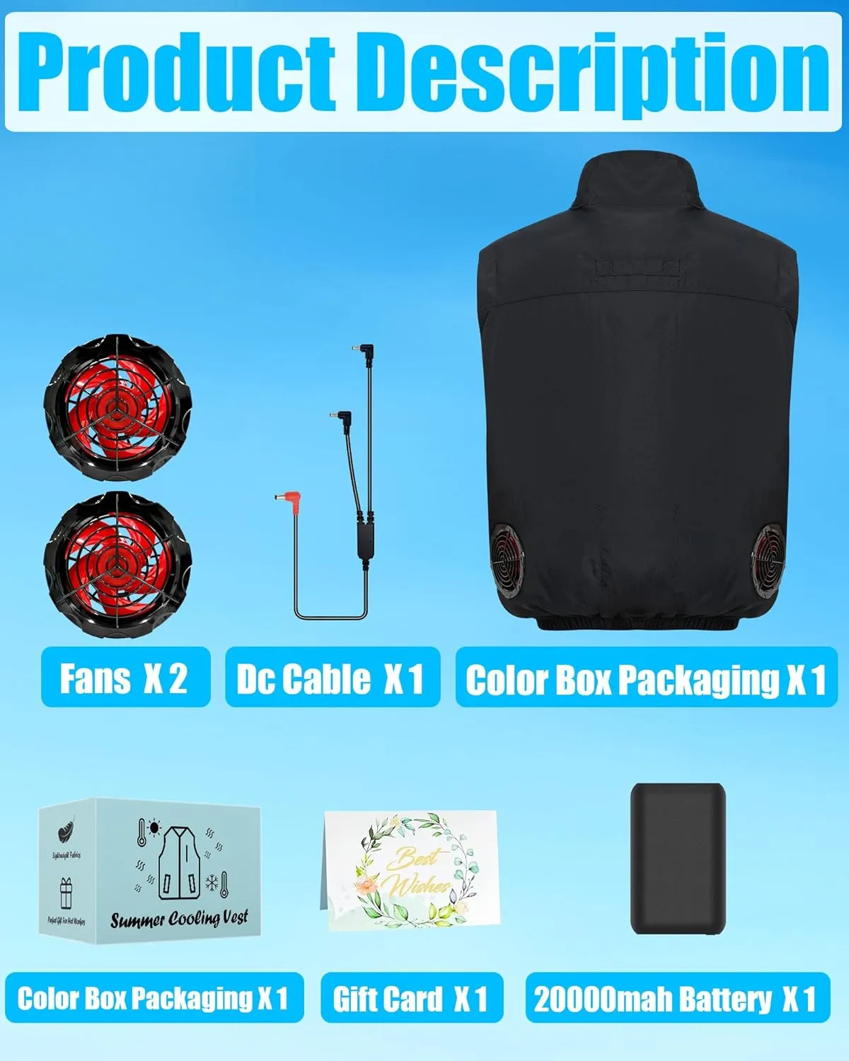 Cooling Vest Jacket with 2 Fans - Men and Women 21V Air Conditioner Lightweight Vests, With 20000mAh Battery