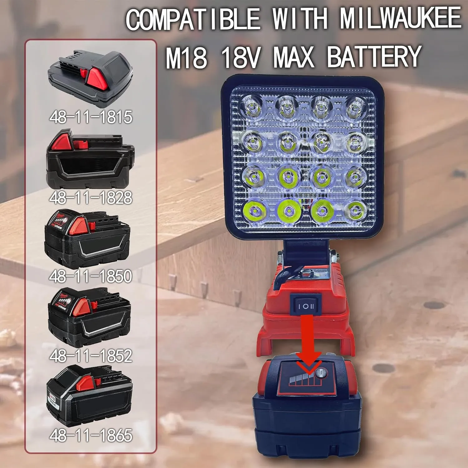 Cordless LED Work Light for Milwaukee m18 18V Battery，48W 3800ML Square Flashlight,Flood Light with Two USB Charging Port LED Light for Outdoor Camping, Hiking, Fishing, Hunting.(No Battery)