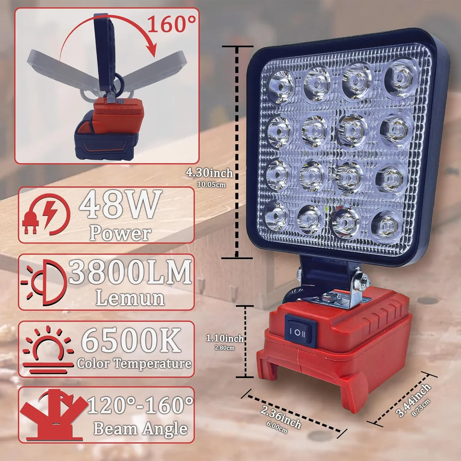 Cordless LED Work Light for Milwaukee m18 18V Battery，48W 3800ML Square Flashlight,Flood Light with Two USB Charging Port LED Light for Outdoor Camping, Hiking, Fishing, Hunting.(No Battery)
