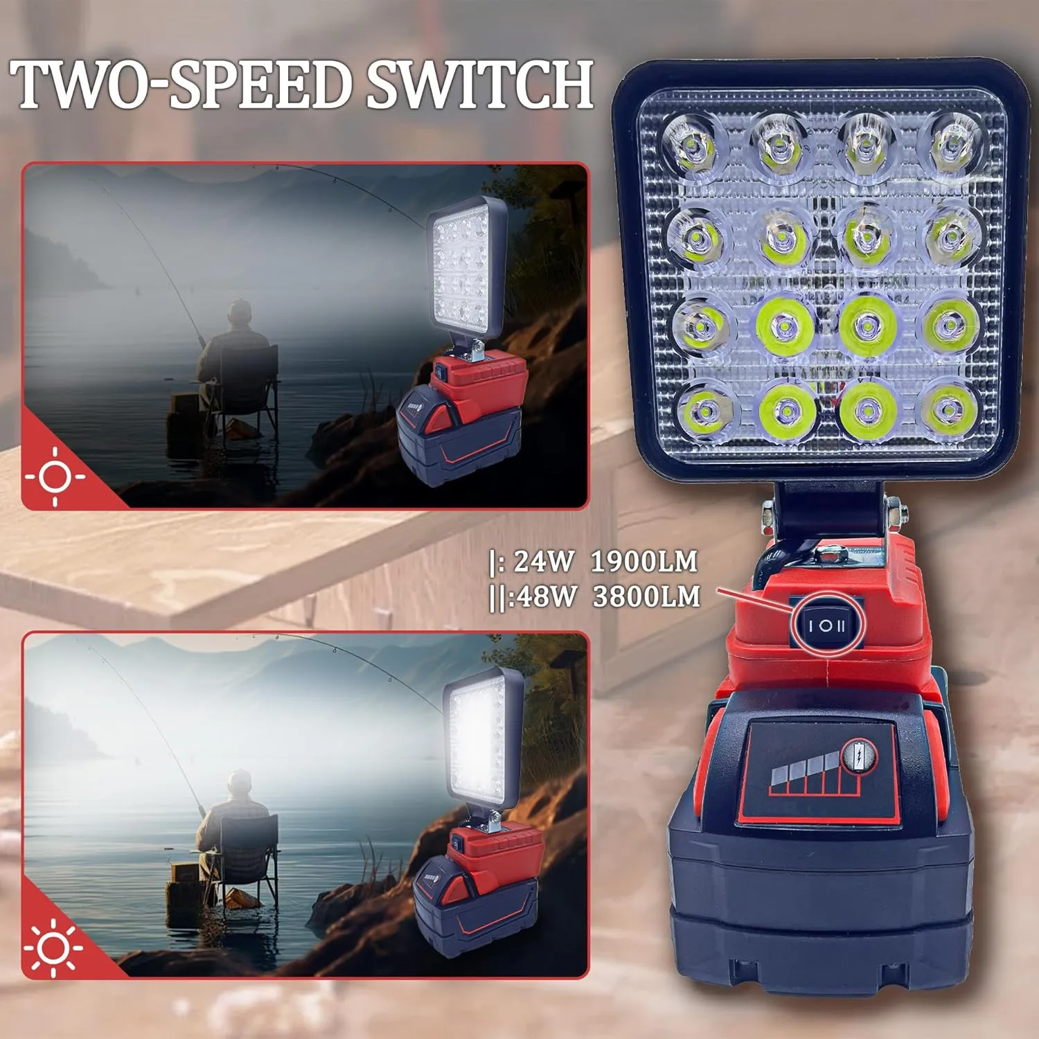 Cordless LED Work Light for Milwaukee m18 18V Battery，48W 3800ML Square Flashlight,Flood Light with Two USB Charging Port LED Light for Outdoor Camping, Hiking, Fishing, Hunting.(No Battery)