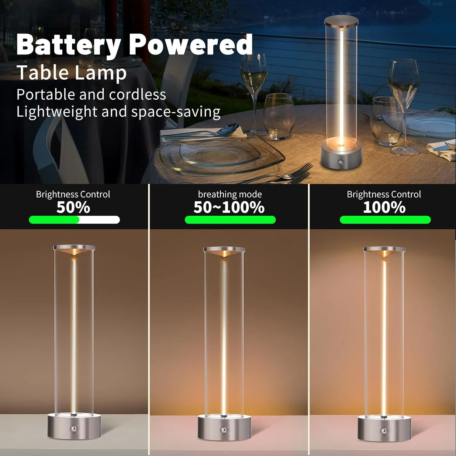 Cordless Portable LED Table Lamp， Rechargeable Battery Operated Desk Lamp with Touch Sensor, Three-Level Dimmable Suitable for Bars/Cafes/Restaurants/Bedrooms/Camping Site (Silver)