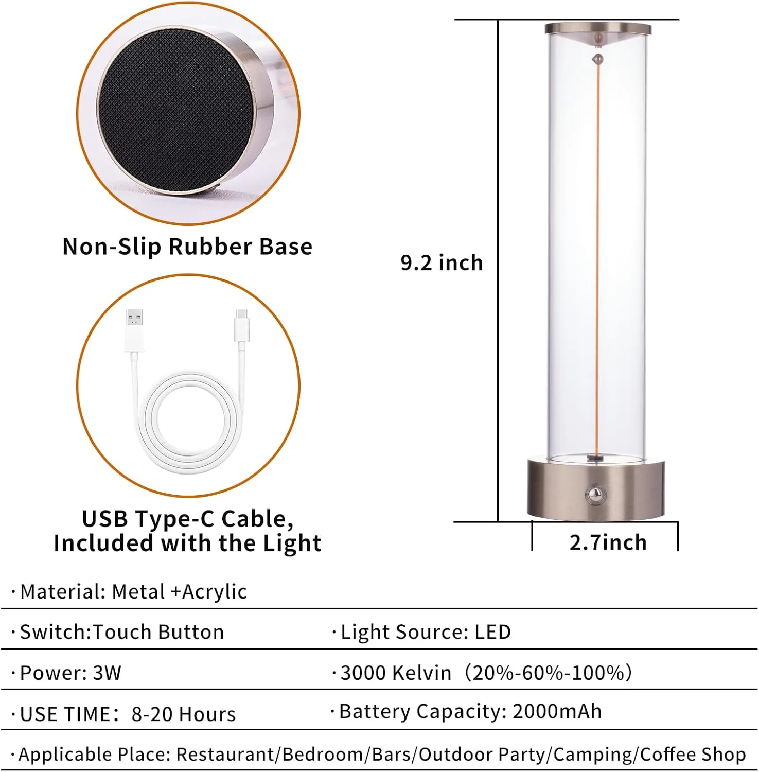Cordless Portable LED Table Lamp， Rechargeable Battery Operated Desk Lamp with Touch Sensor, Three-Level Dimmable Suitable for Bars/Cafes/Restaurants/Bedrooms/Camping Site (Silver)