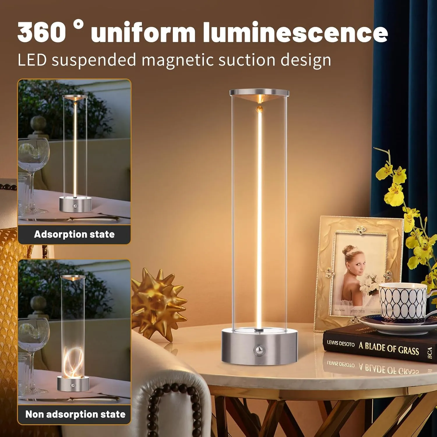 Cordless Portable LED Table Lamp， Rechargeable Battery Operated Desk Lamp with Touch Sensor, Three-Level Dimmable Suitable for Bars/Cafes/Restaurants/Bedrooms/Camping Site (Silver)