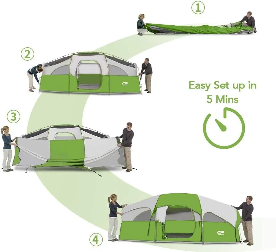 Cousin Campout Fortress for 8 with 5 Mesh Windows, Cozy Divider, Weather-Resistant Features, and Travel Bag for Snacks