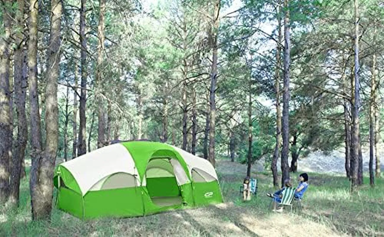 Cousin Campout Fortress for 8 with 5 Mesh Windows, Cozy Divider, Weather-Resistant Features, and Travel Bag for Snacks