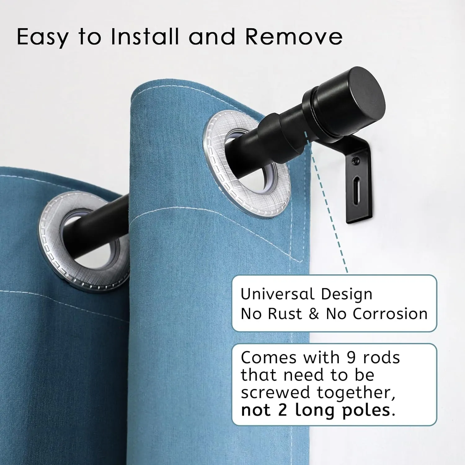 Curtain Rods for Windows 16 to 144 Inches Adjustable Length 1 Inch Diameter Window Curtain Rod with Aluminium Finials, Black