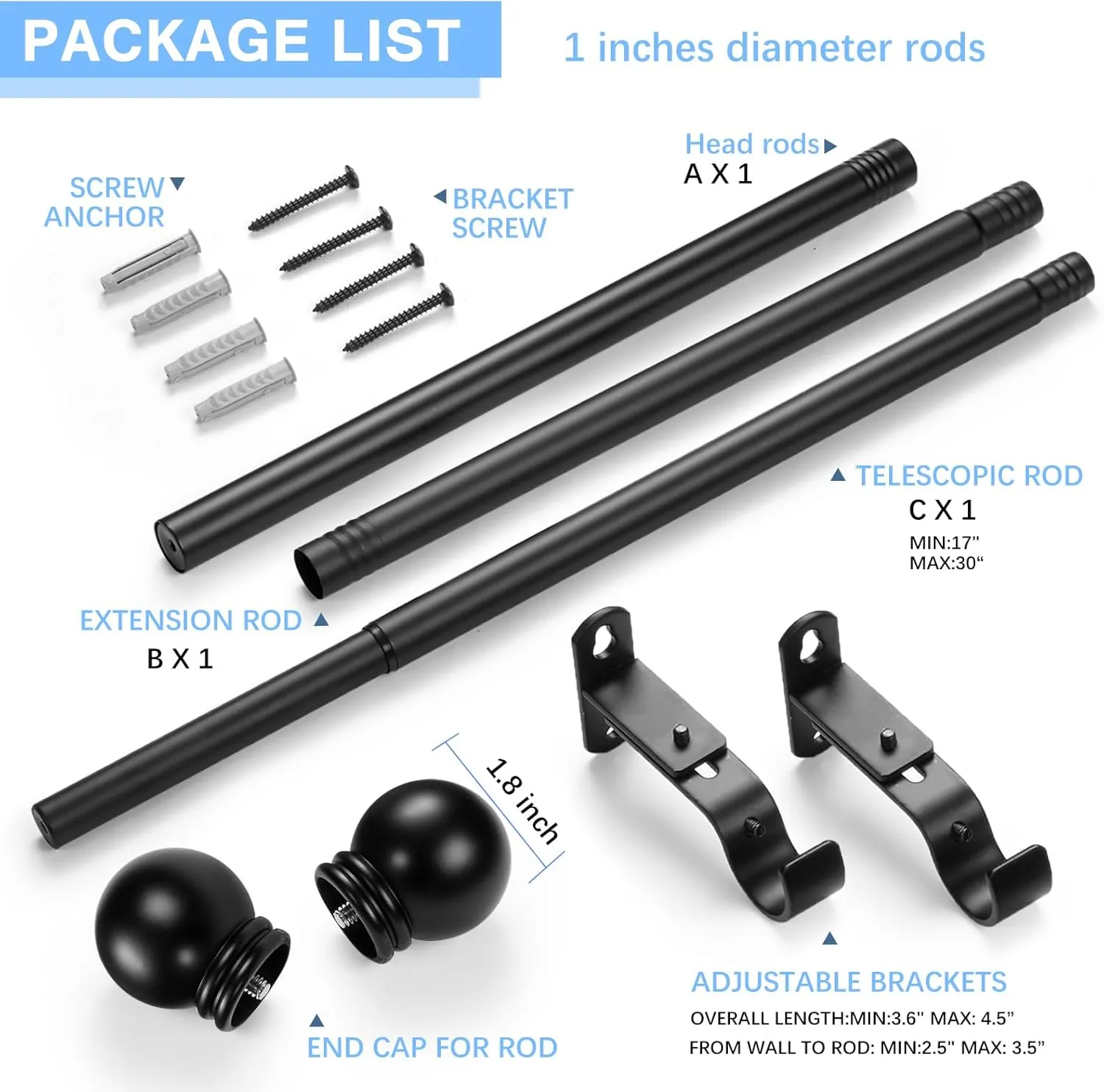 Curtain Rods for Windows 16 to 48 Inches, Curtain Rod Max Adjustable Length of 60 IN, 1" Diameter Drapery Rods Round Finials, Black, Pack of 1