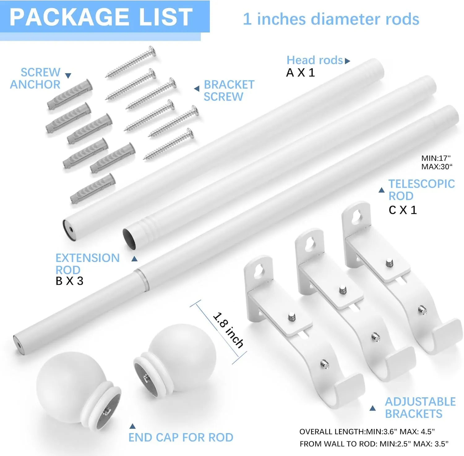 Curtain Rods for Windows 16 to 76 Inches, Curtain Rod Max Adjustable Length of 88 IN, 1" Diameter Drapery Rods Round Finials, White, Pack of 1