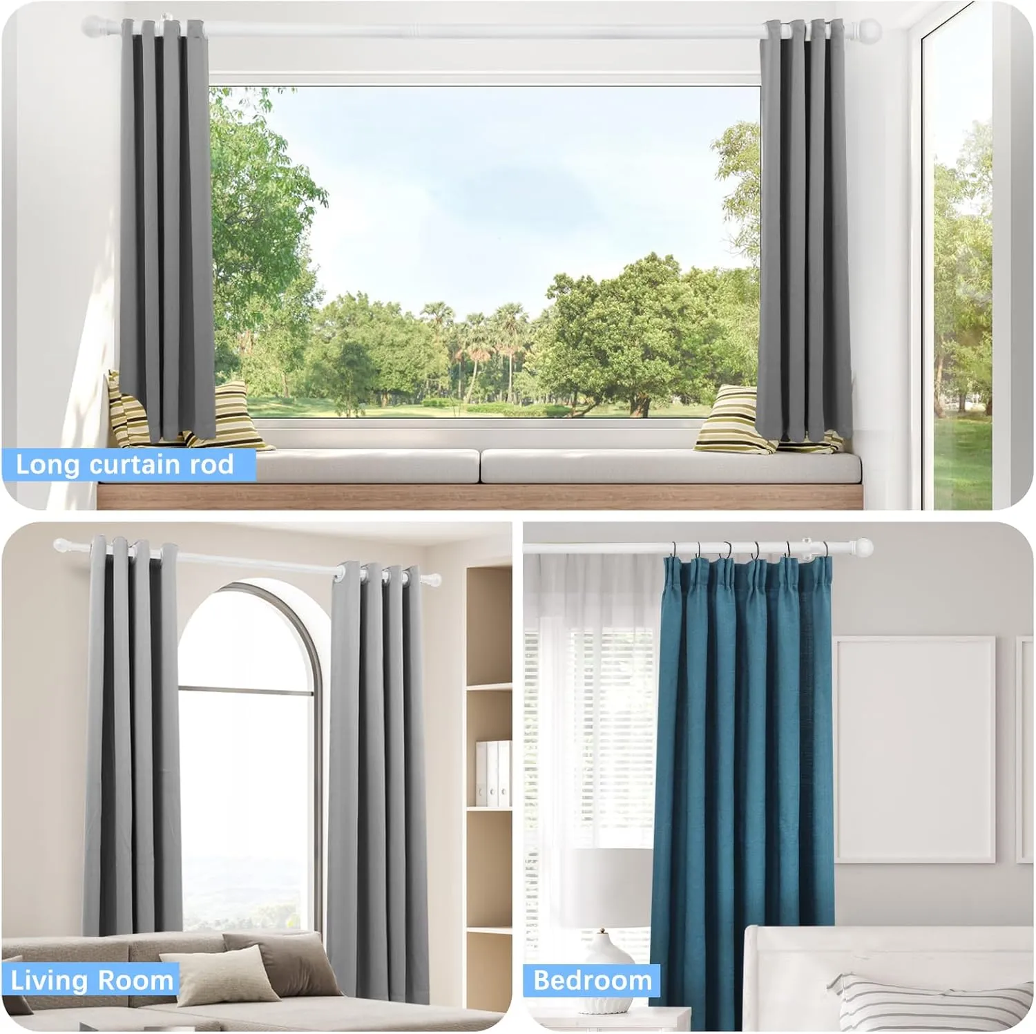 Curtain Rods for Windows 16 to 76 Inches, Curtain Rod Max Adjustable Length of 88 IN, 1" Diameter Drapery Rods Round Finials, White, Pack of 1