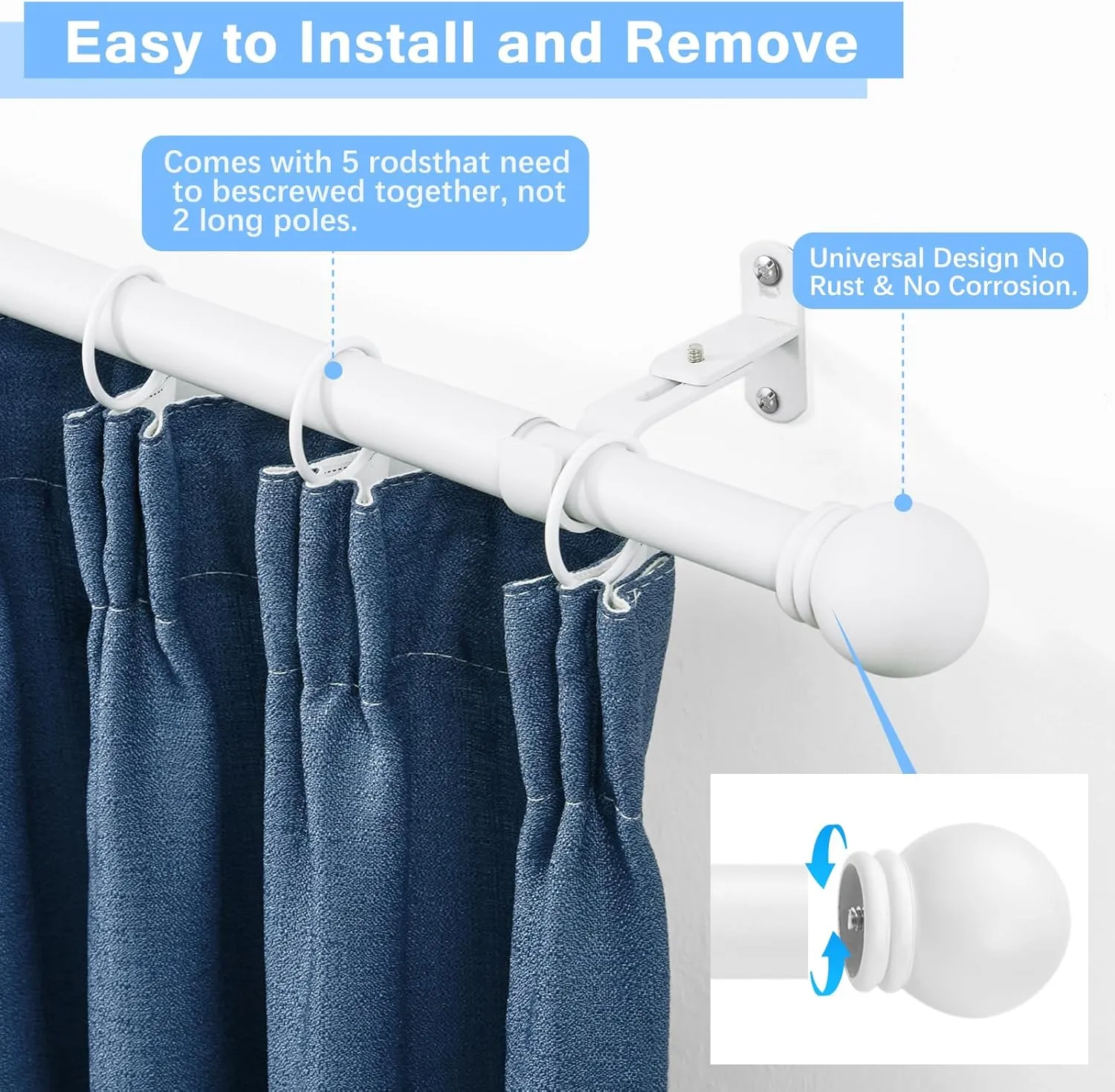 Curtain Rods for Windows 16 to 76 Inches, Curtain Rod Max Adjustable Length of 88 IN, 1" Diameter Drapery Rods Round Finials, White, Pack of 1