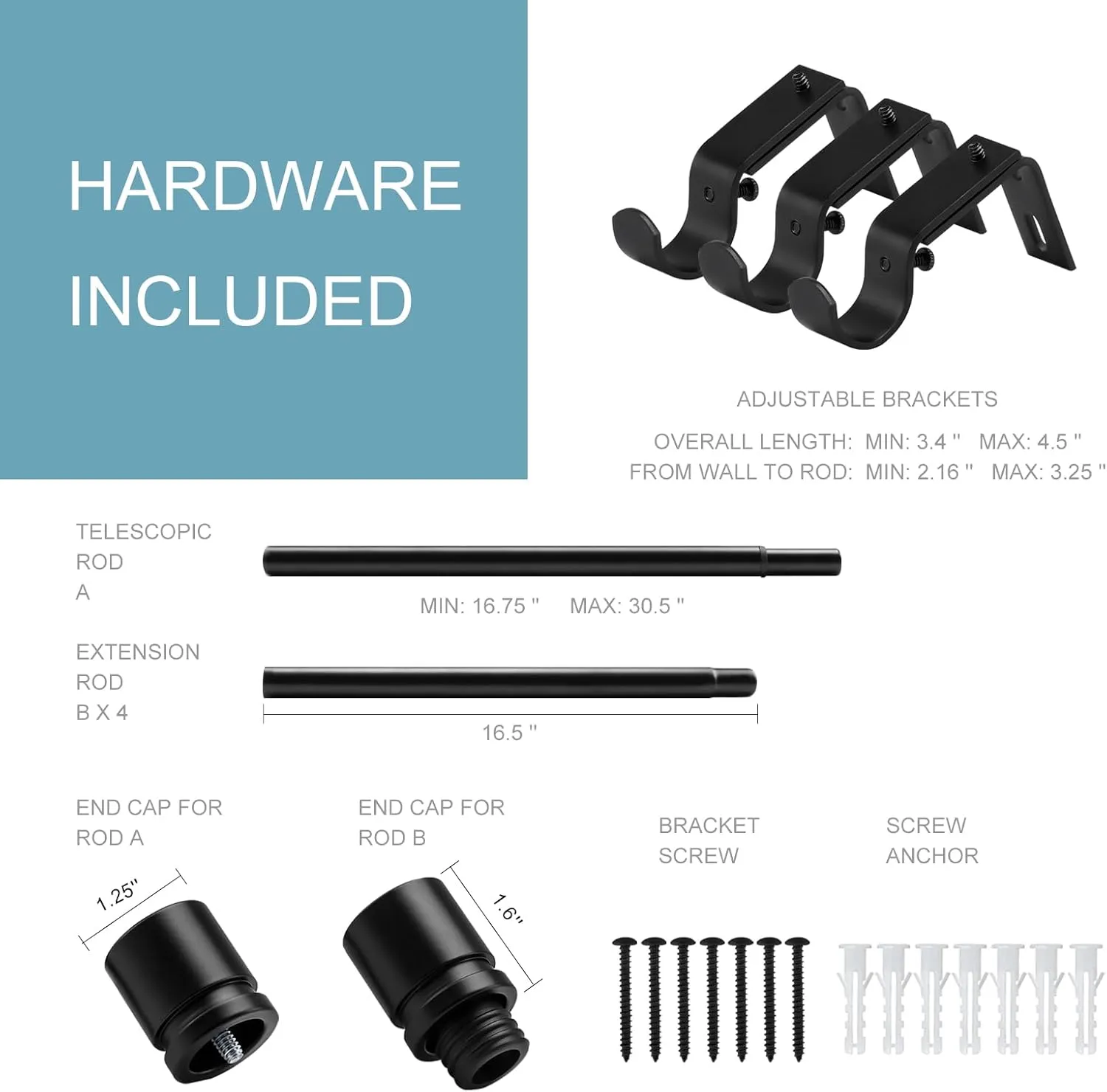 Curtain Rods for Windows 16 to 88 Inches Adjustable Length 1 Inch Diameter Window Curtain Rod with Aluminium Finials, Black