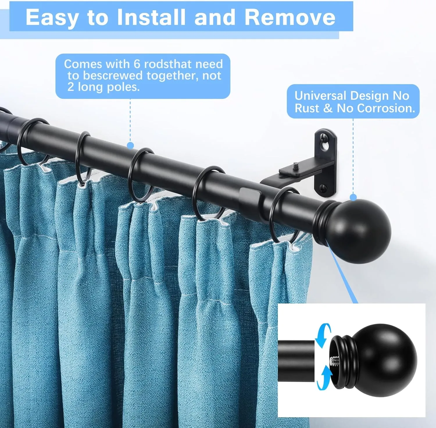 Curtain Rods for Windows 16 to 92 Inches, Curtain Rod Max Adjustable Length of 104 IN, 1" Diameter Drapery Rods Round Finials, Black, Pack of 1