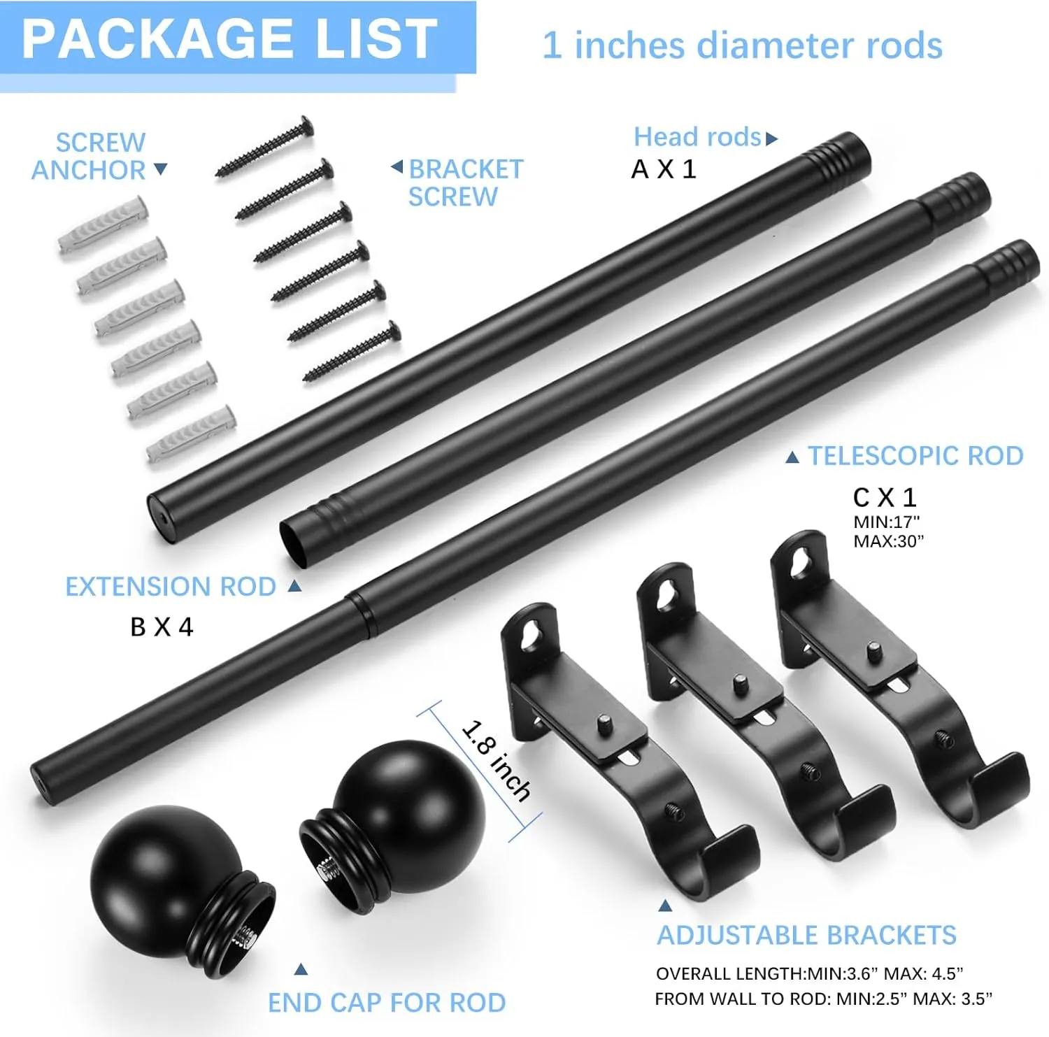 Curtain Rods for Windows 16 to 92 Inches, Curtain Rod Max Adjustable Length of 104 IN, 1" Diameter Drapery Rods Round Finials, Black, Pack of 1