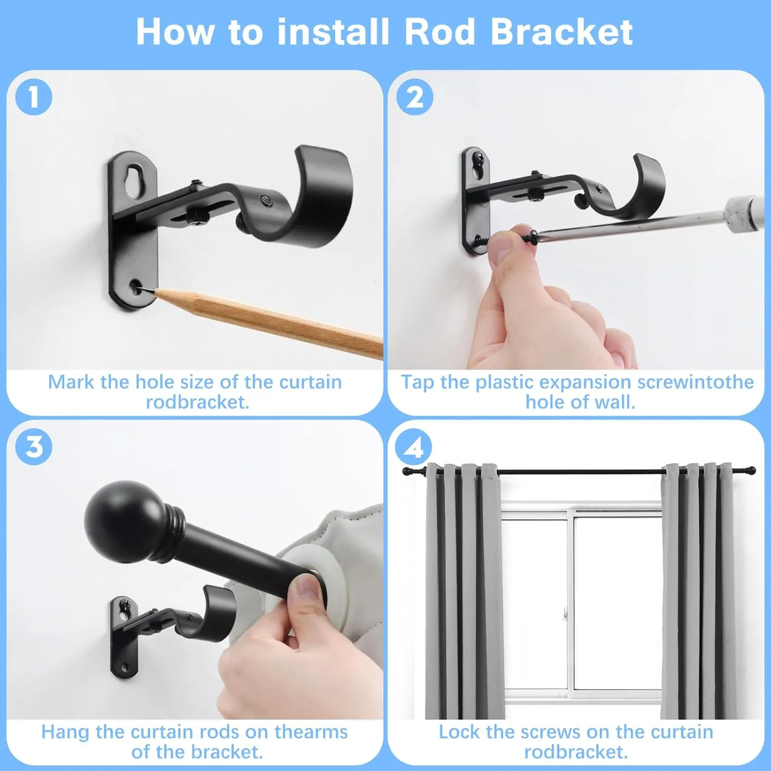 Curtain Rods for Windows 16 to 92 Inches, Curtain Rod Max Adjustable Length of 104 IN, 1" Diameter Drapery Rods Round Finials, Black, Pack of 1