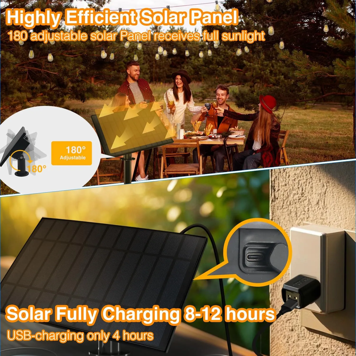 DAYBETTER Solar String Lights Outdoor Waterproof 100FT with 50 1 LED Shatterproof Bulbs 5W Solar Panel Remote Controller Dimmable Outdoor String Lights for Patio Camping Backyard Garden