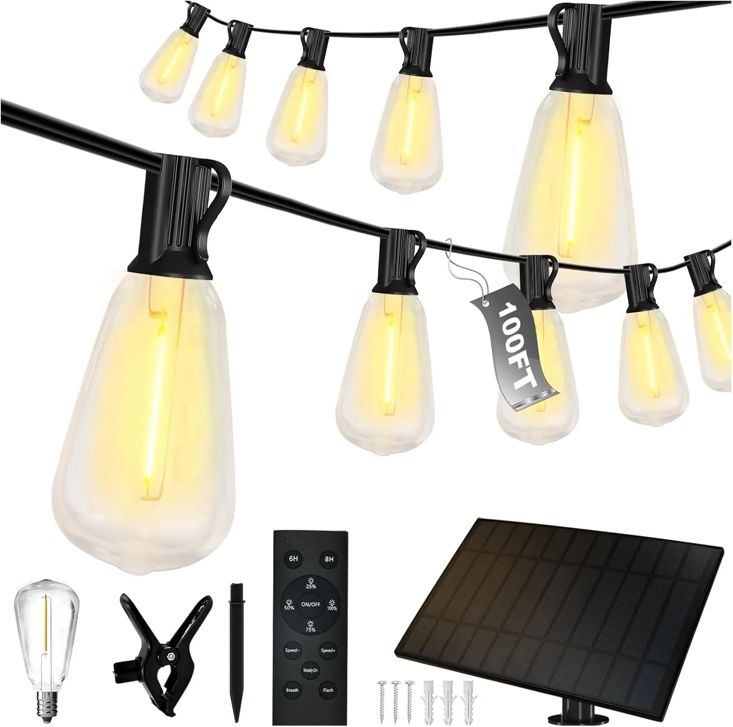 DAYBETTER Solar String Lights Outdoor Waterproof 100FT with 50 1 LED Shatterproof Bulbs 5W Solar Panel Remote Controller Dimmable Outdoor String Lights for Patio Camping Backyard Garden
