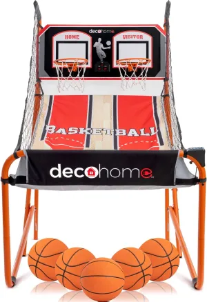 Deco Home Arcade Basketball Game with Dual Rim Backboard, Includes Electronic Tracking LED Scoreboard with 8 Game Modes for 1-4 Players, 5 Game Balls, Air Pump, Folding Assembly for Easy Storage