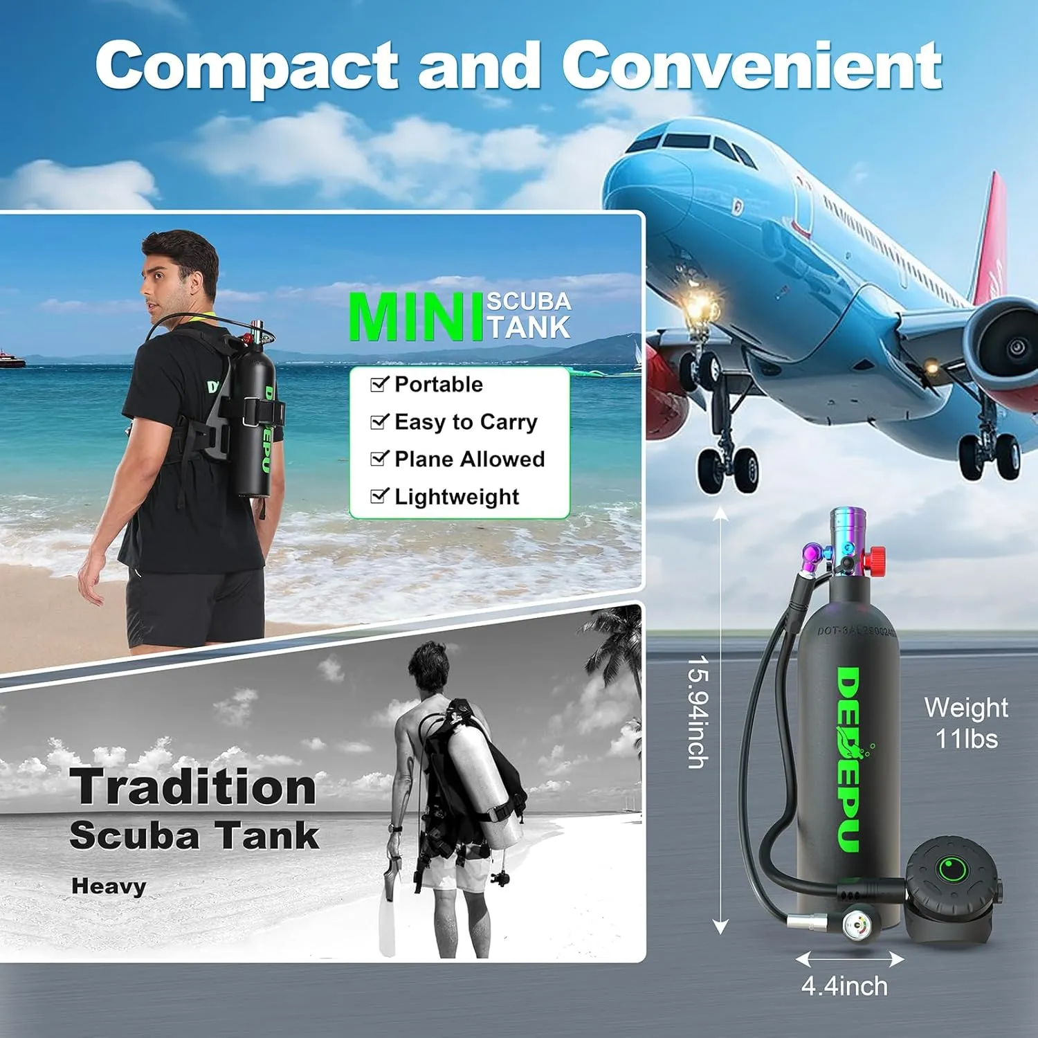 DEDEPU 2.3L Scuba Tank, Mini Diving Tank Small Lung Tank with Adapter, Up to 40 Mins Underwater Breathing Time, Portable Backup Air Cylinder, Emergency Resuce Pony Bottle