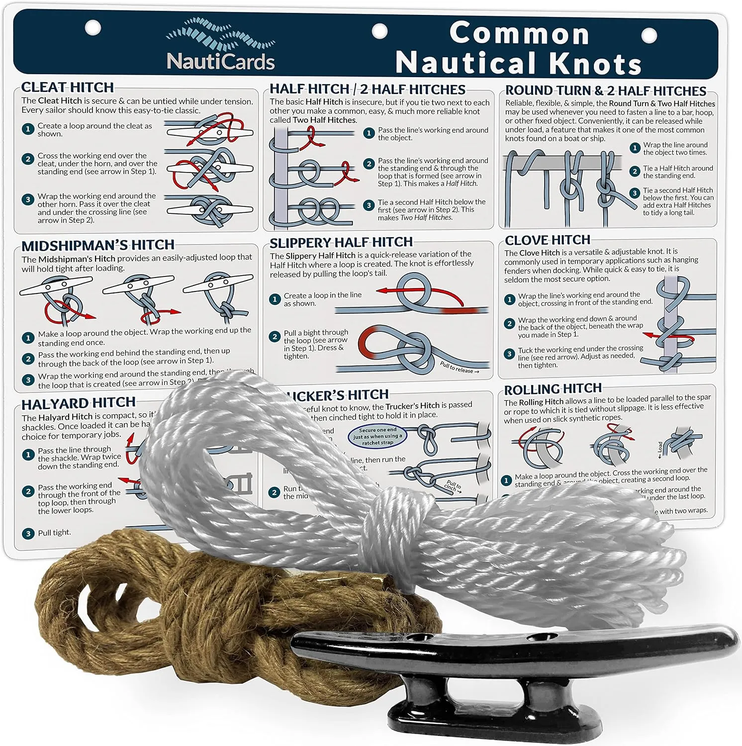 Deluxe Nautical Knot Tying Kit - 6" Boat Cleat, Jute and Poly Ropes, and Waterproof Nautical Guide to 21 Sailing and Boating Knots