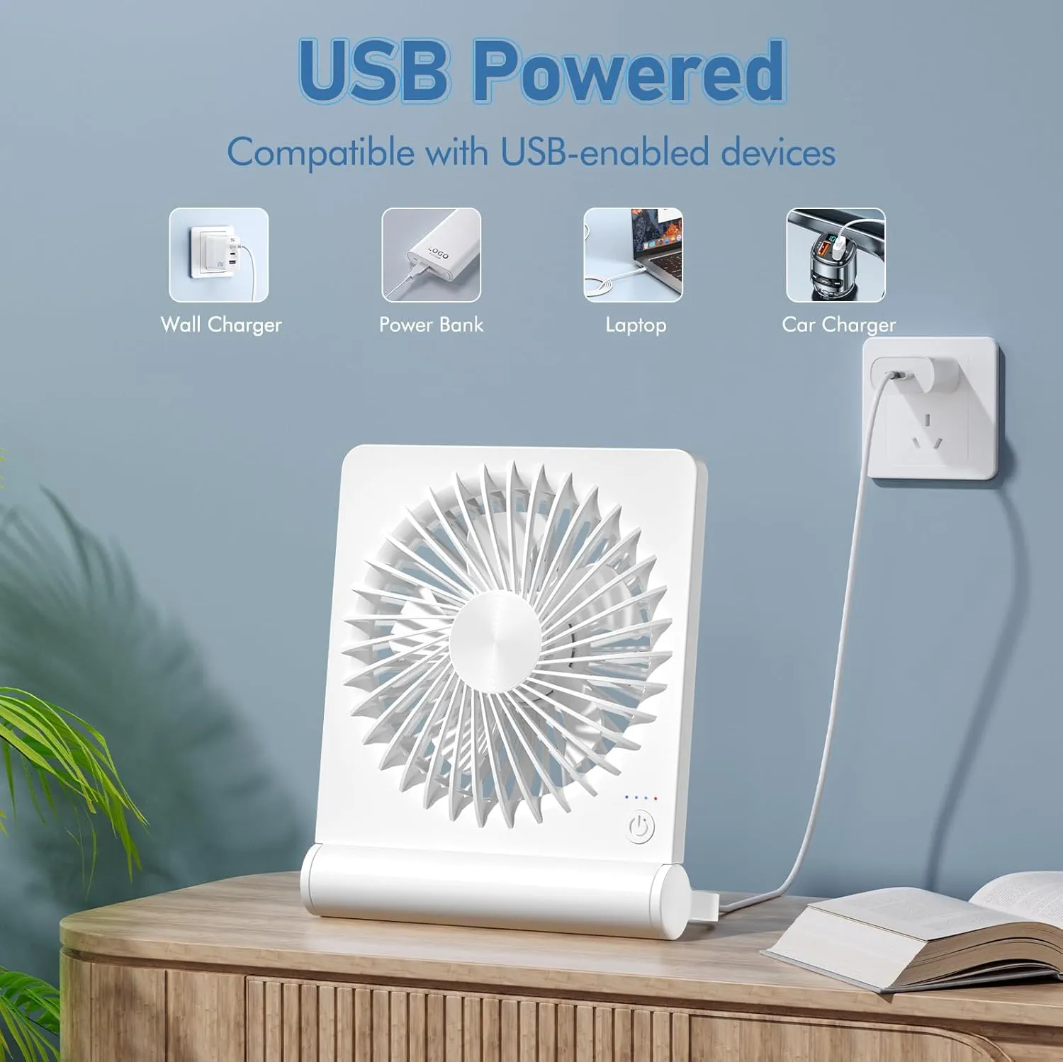 Desk Fan USB Powered with 3 Speeds Adjustable Strong Wind, Ultra Quiet Mini Personal Fan USB-C Corded Powered,220° Tilt Folding Plug In USB Fan