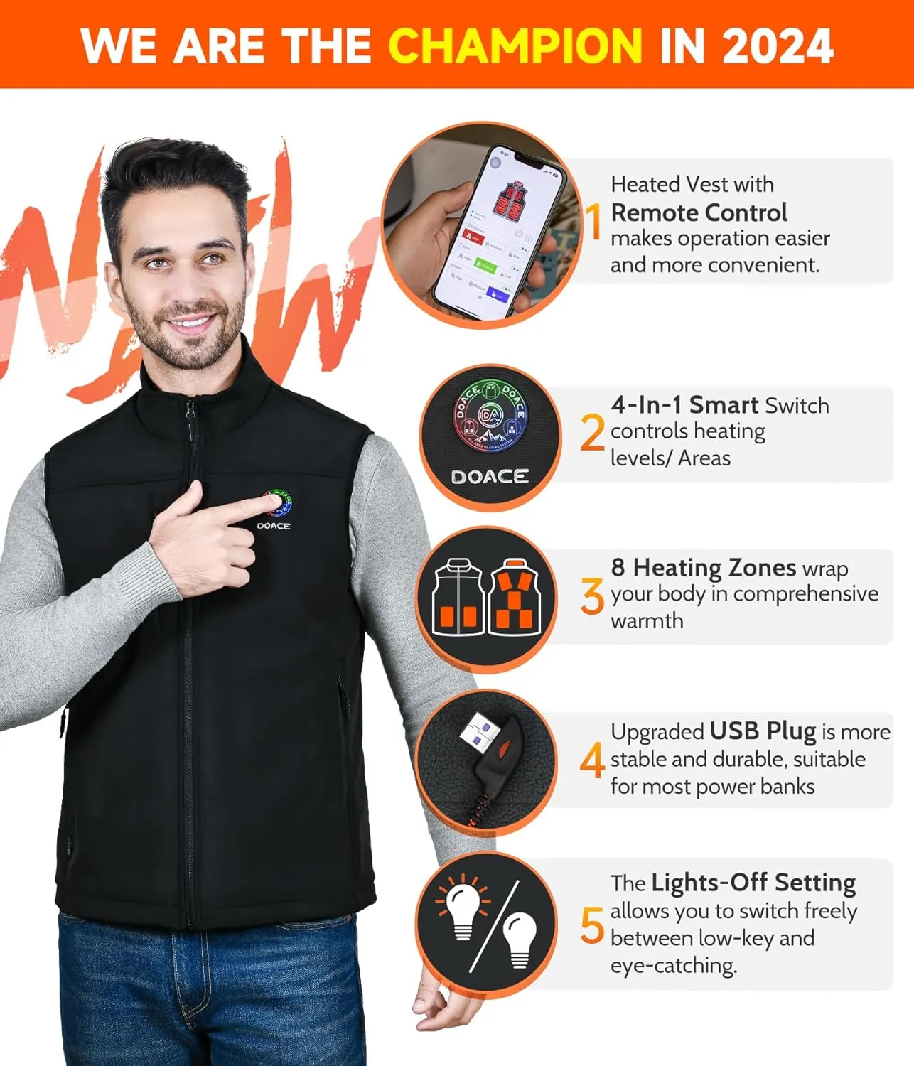 DOACE AI Heated Vest APP Control with Battery Pack for Men and Women, Electric heated Jacket for Cycling Hiking Skiing