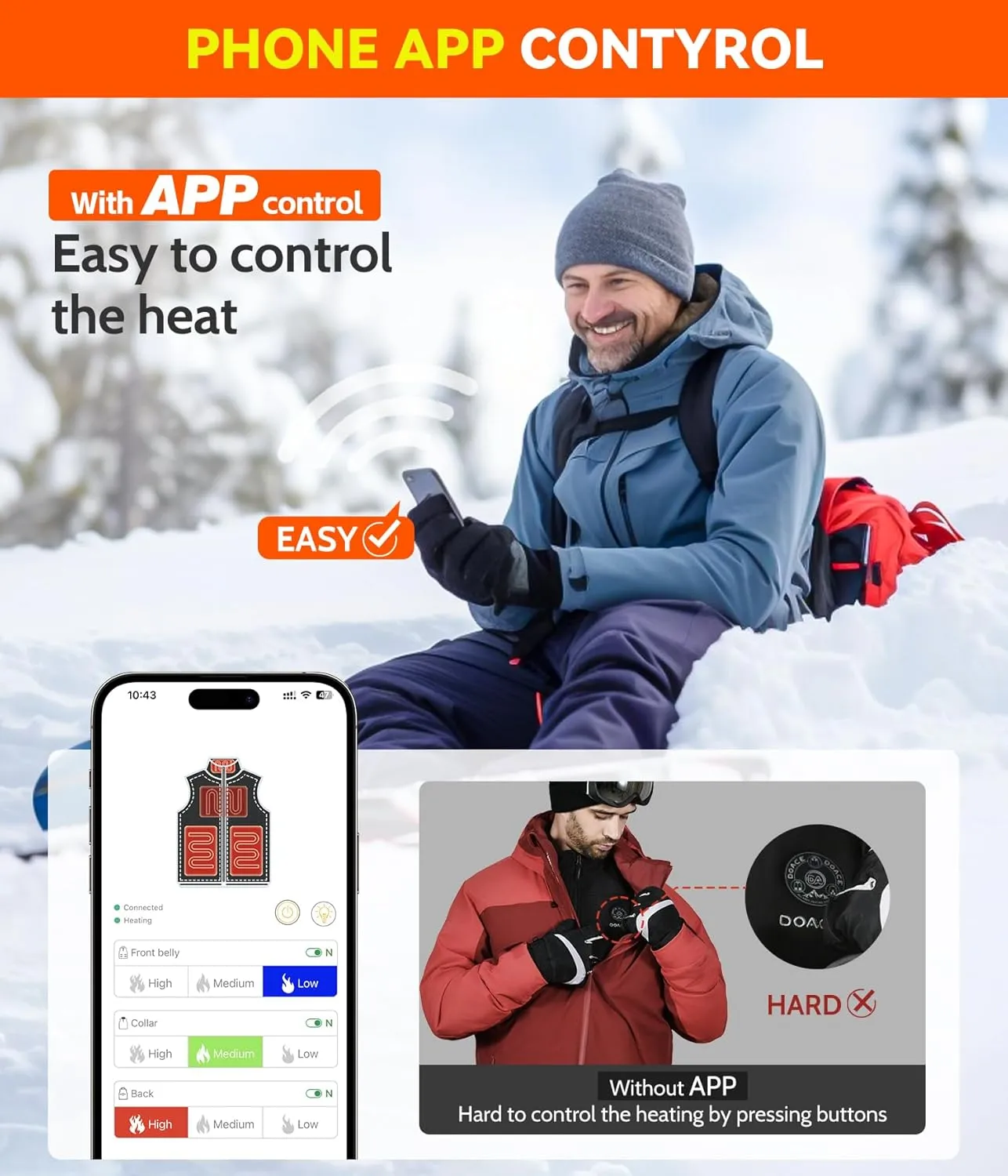 DOACE AI Heated Vest APP Control with Battery Pack for Men and Women, Electric heated Jacket for Cycling Hiking Skiing