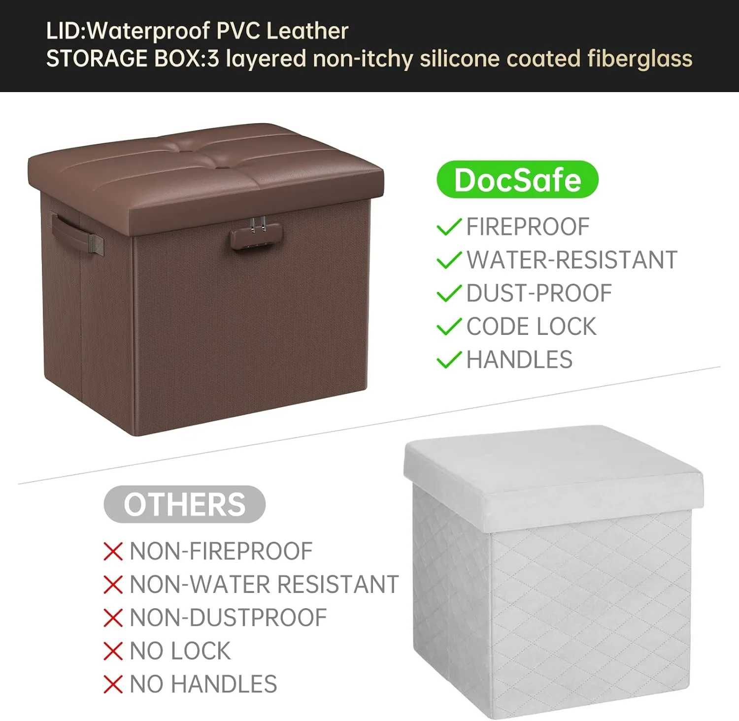 DocSafe Storage Ottoman Foot Rest Stool with Lock ＆ Handle, Fireproof Folding Leather Footstool Bench with Storage Safe for Living Room Bedroom, Home Office, Dorm, 17x13x13in, Brown