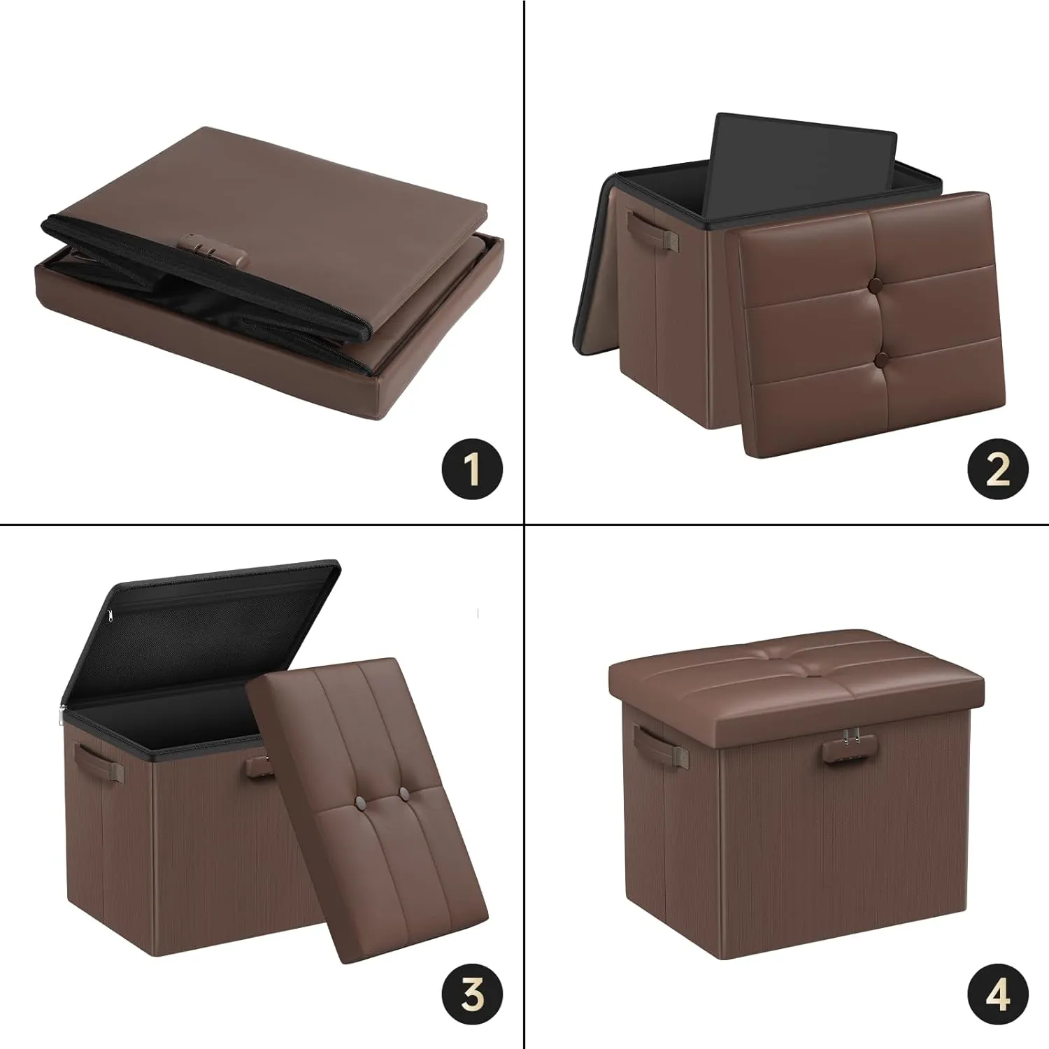 DocSafe Storage Ottoman Foot Rest Stool with Lock ＆ Handle, Fireproof Folding Leather Footstool Bench with Storage Safe for Living Room Bedroom, Home Office, Dorm, 17x13x13in, Brown