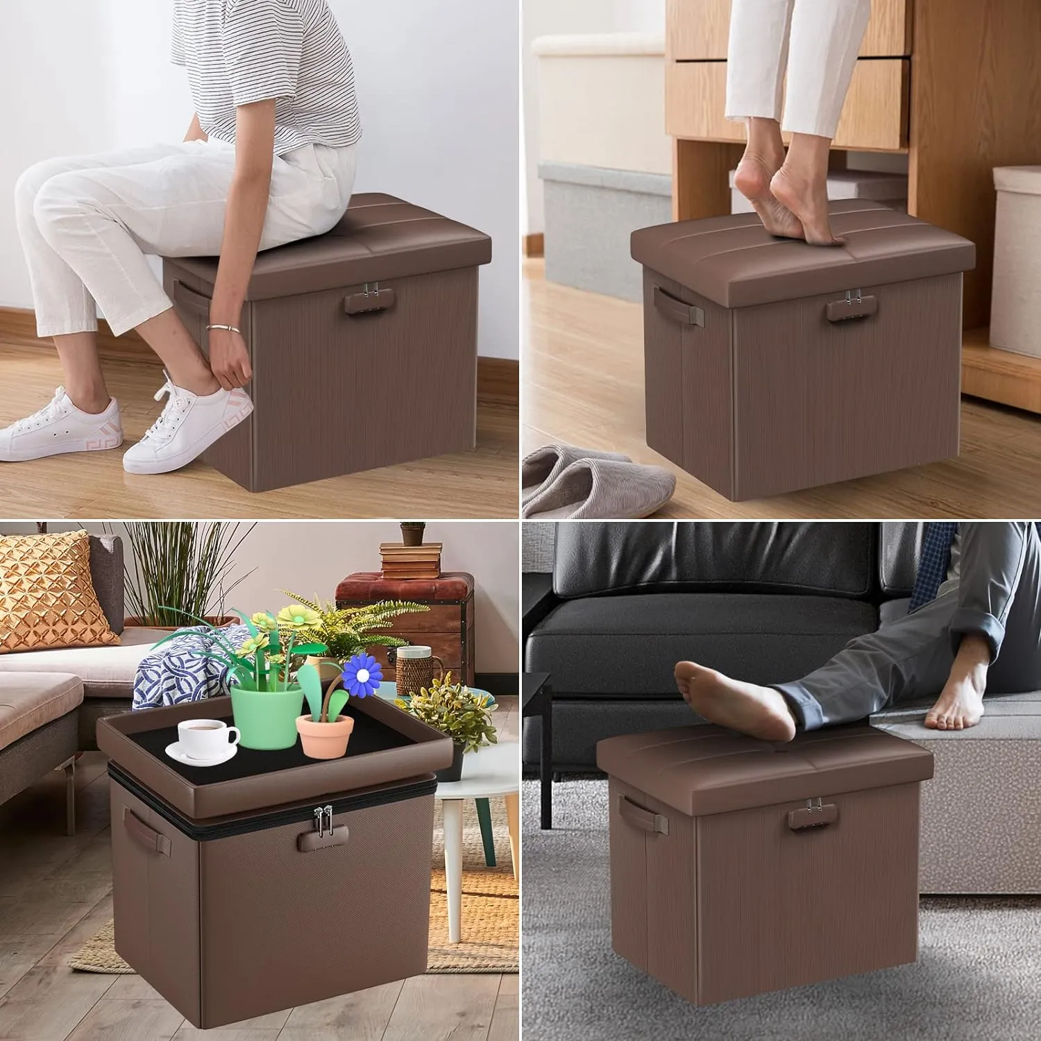 DocSafe Storage Ottoman Foot Rest Stool with Lock ＆ Handle, Fireproof Folding Leather Footstool Bench with Storage Safe for Living Room Bedroom, Home Office, Dorm, 17x13x13in, Brown