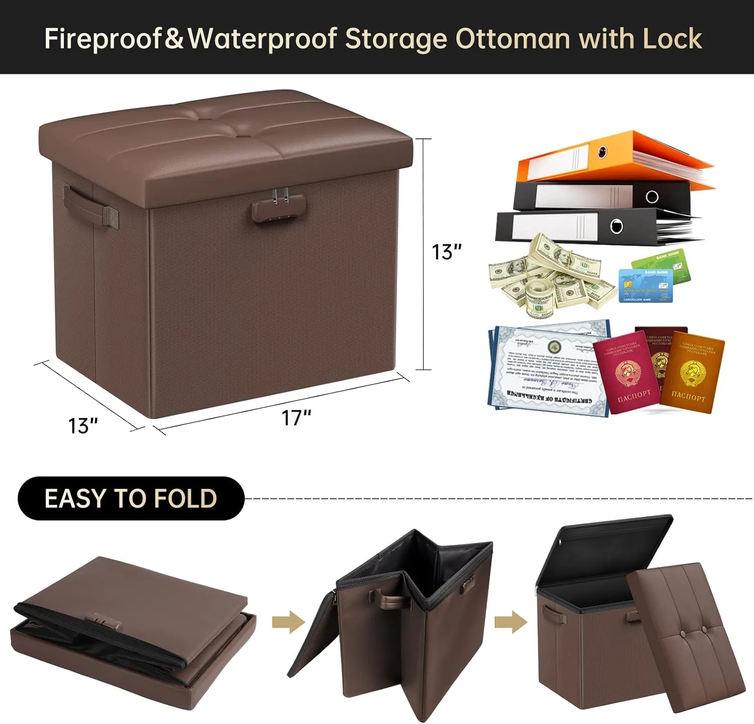 DocSafe Storage Ottoman Foot Rest Stool with Lock ＆ Handle, Fireproof Folding Leather Footstool Bench with Storage Safe for Living Room Bedroom, Home Office, Dorm, 17x13x13in, Brown