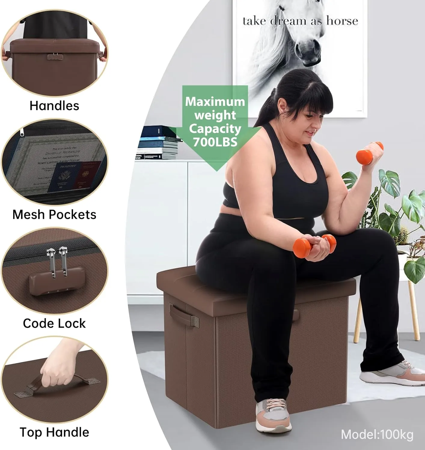 DocSafe Storage Ottoman Foot Rest Stool with Lock ＆ Handle, Fireproof Folding Leather Footstool Bench with Storage Safe for Living Room Bedroom, Home Office, Dorm, 17x13x13in, Brown