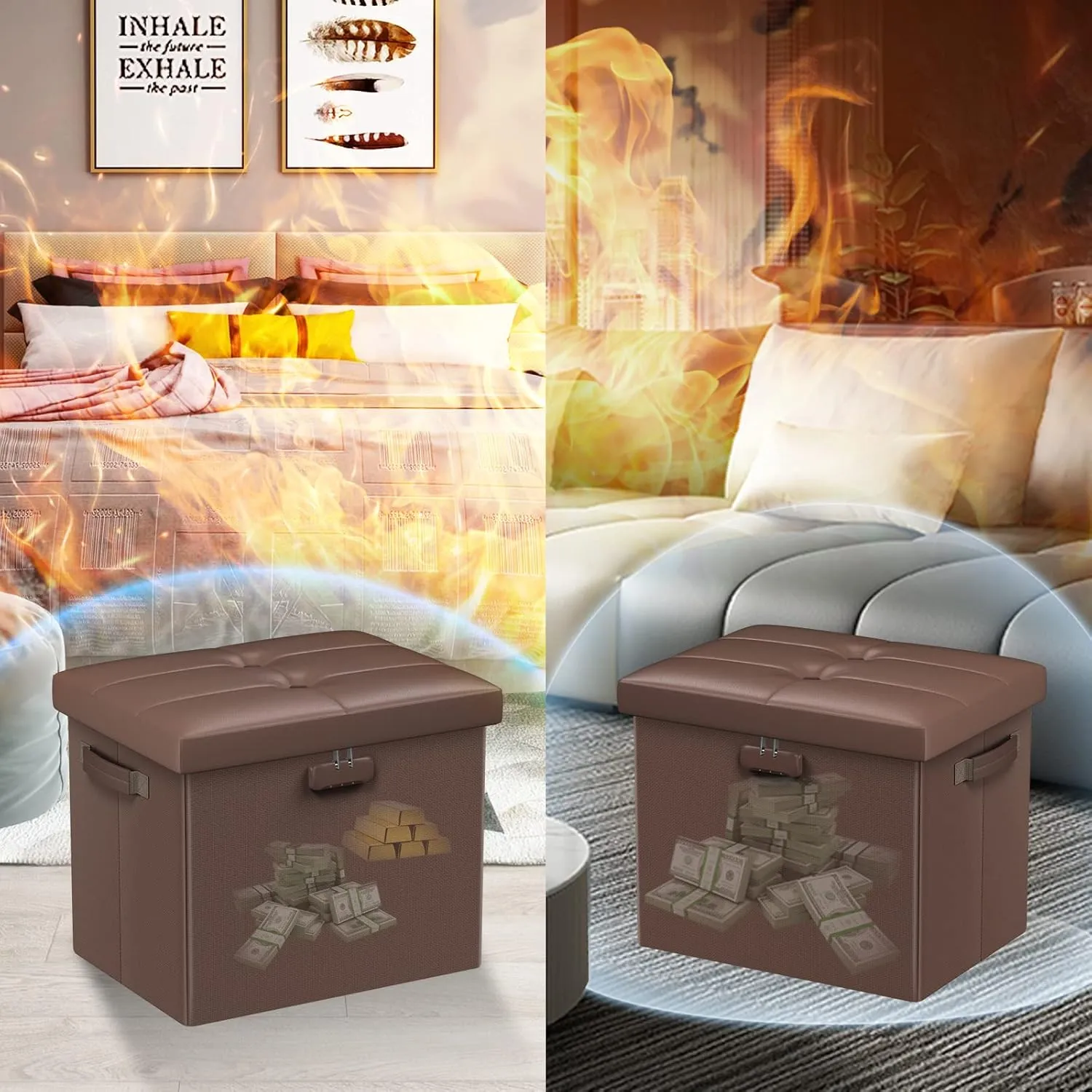 DocSafe Storage Ottoman Foot Rest Stool with Lock ＆ Handle, Fireproof Folding Leather Footstool Bench with Storage Safe for Living Room Bedroom, Home Office, Dorm, 17x13x13in, Brown