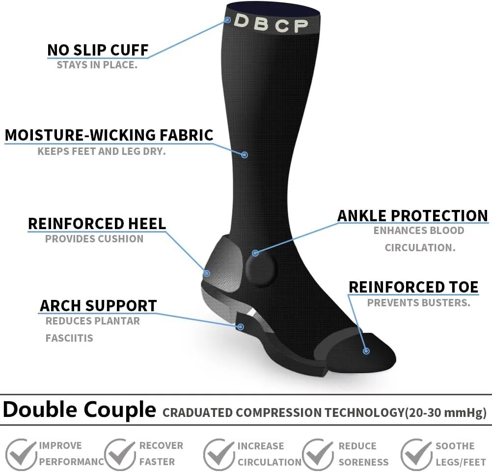 Double Couple 5 Pairs Wide Calf Compression Socks for Men Women Extra Plus Size Knee High Support 20-30