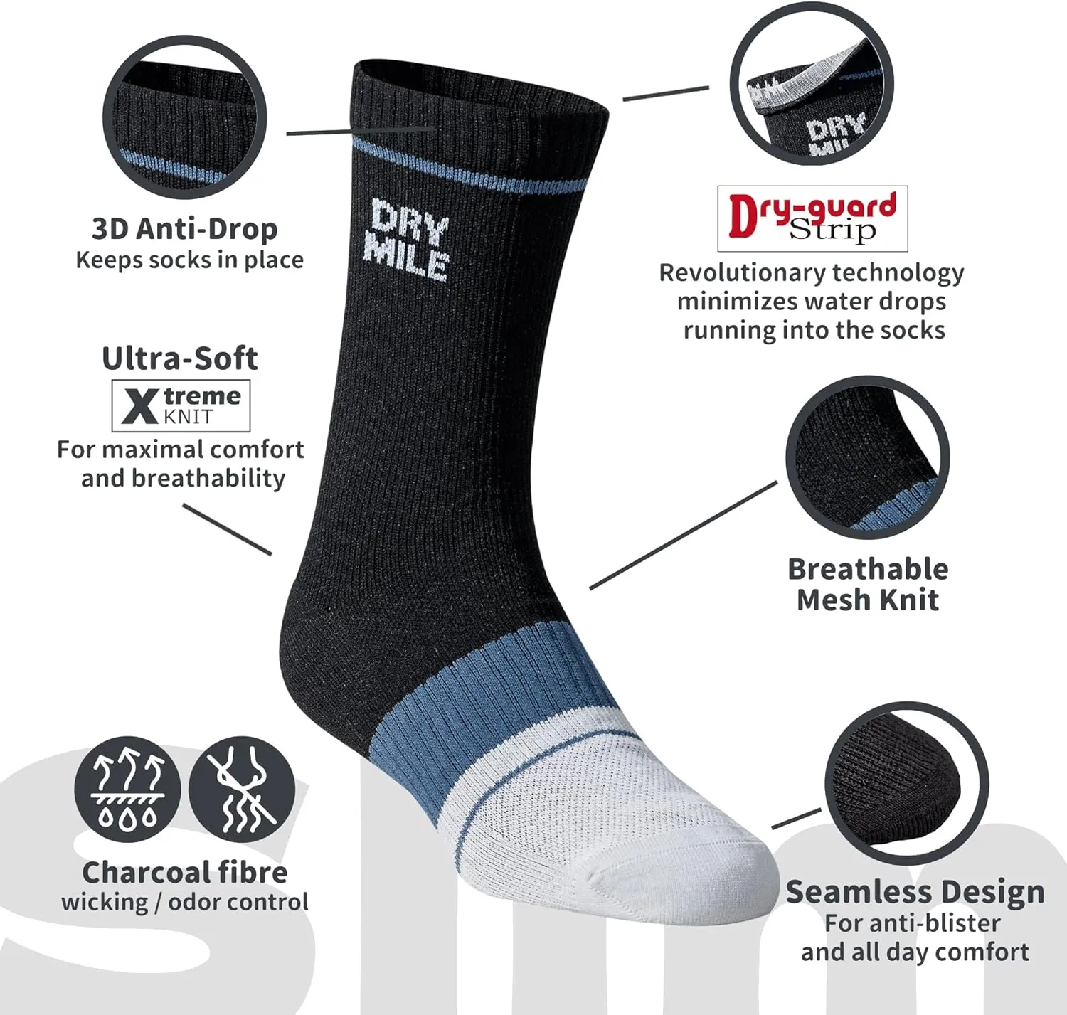 DRYMILE Slim Waterproof Socks, Thin Moisture Wicking Waterproof Socks for Men & Women, Golf, Cycling, Trekking - Crew