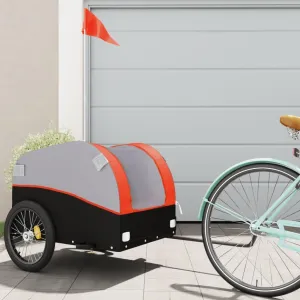 Durable Bike Trailer for Heavy Loads, Iron Construction, Includes Safety Flag, Black and Orange