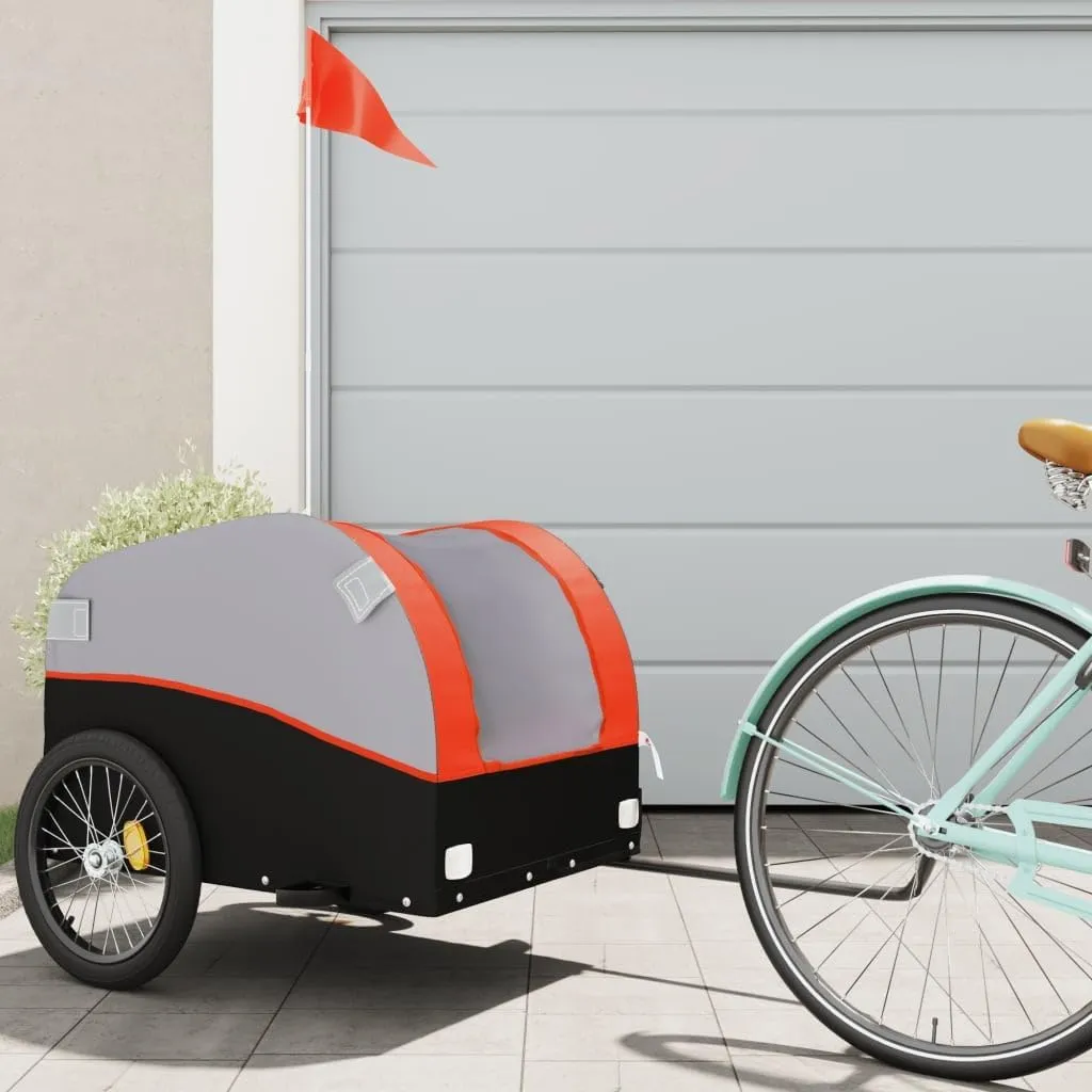 Durable Bike Trailer for Heavy Loads, Iron Construction, Includes Safety Flag, Black and Orange