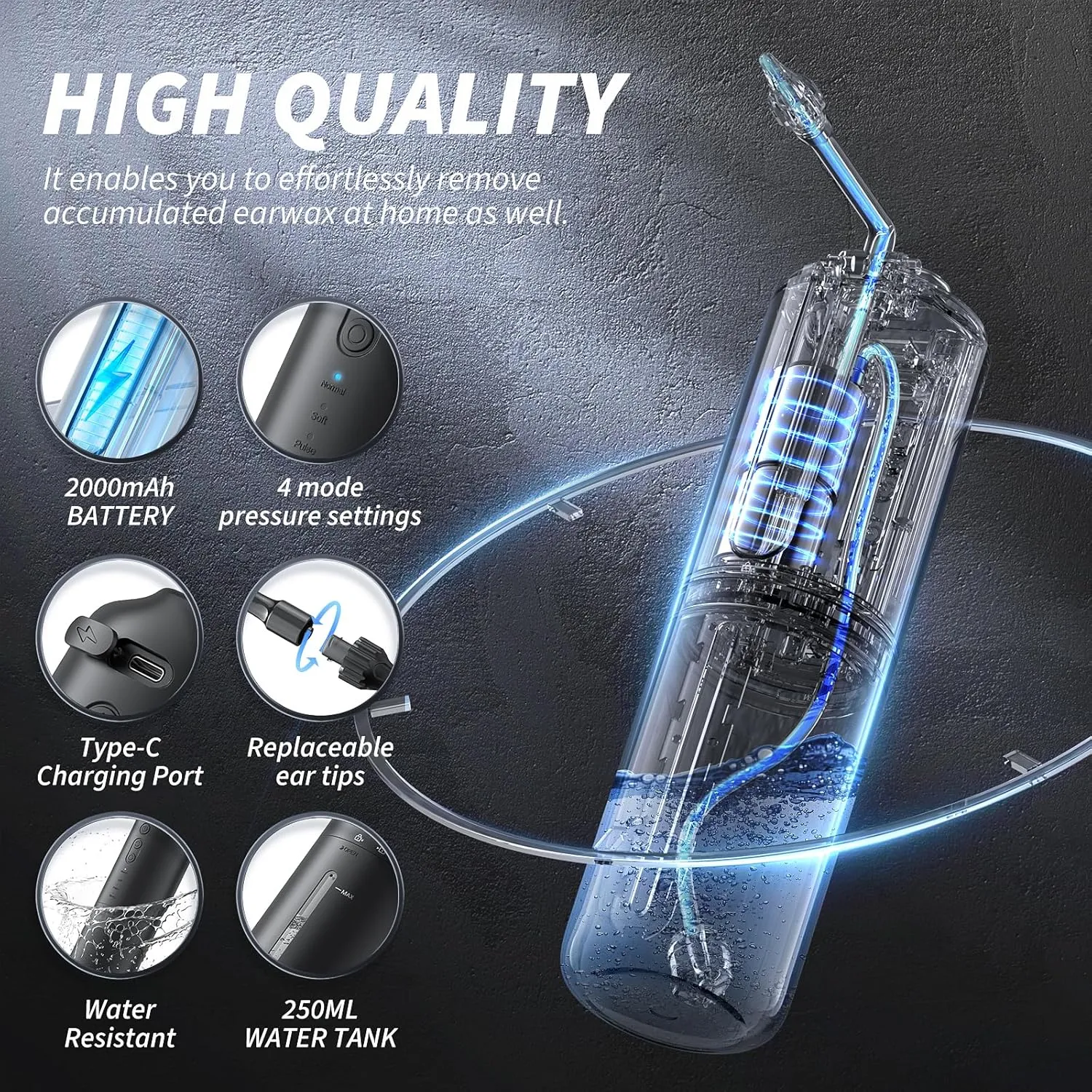 Ear Wax Removal - Electric Ear Irrigation Flushing System - Water Powered Ear Cleaner with 4 Pressure Modes - Safe and Effective Ear Cleaning Tool - Water Resistant USB Rechargeable