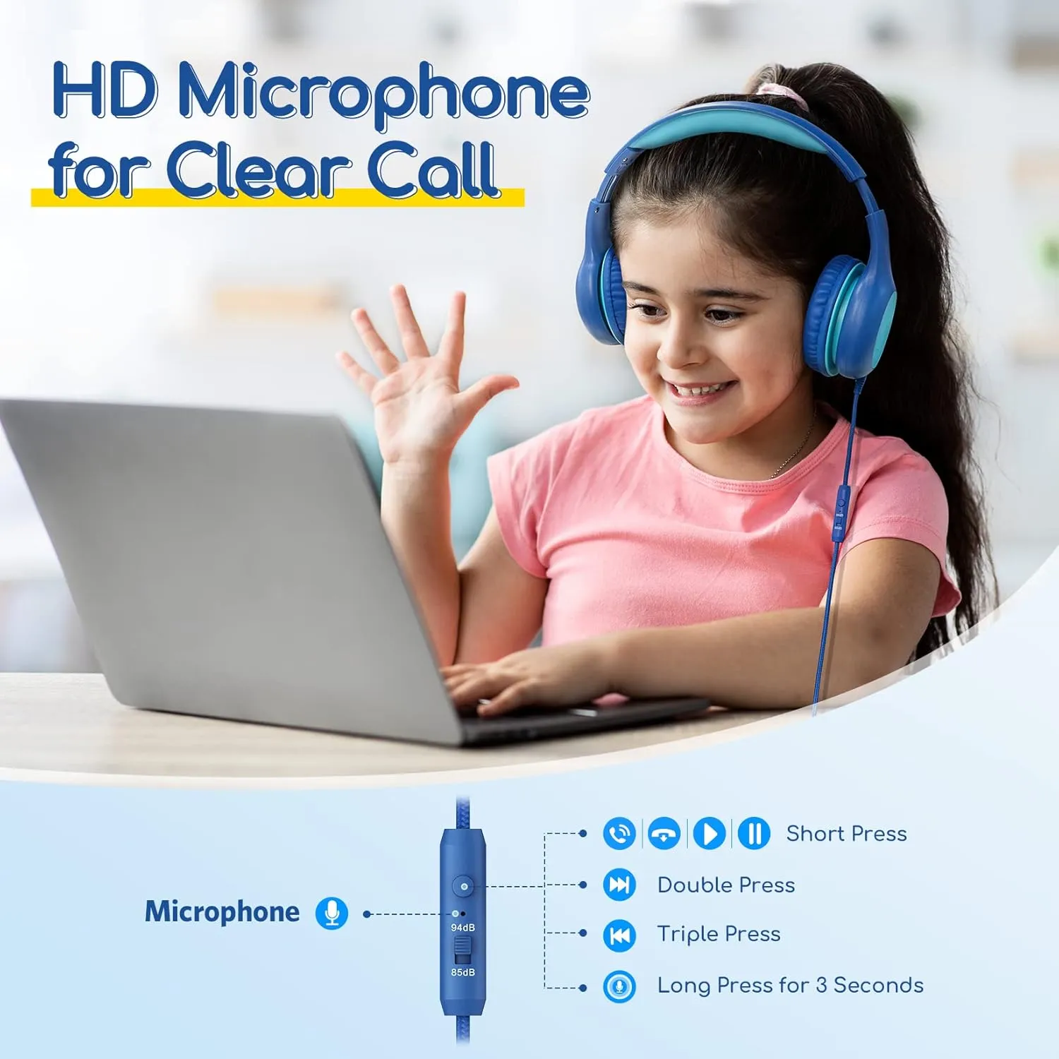 EarFun Kids Headphones Wired with Microphone, 85/94dB Volume Limit Headphones for Kids, Portable Wired Headphone with Shareport, Stereo Sound Foldable Headset for School/Tablet/iPad/Kindle Blue Green